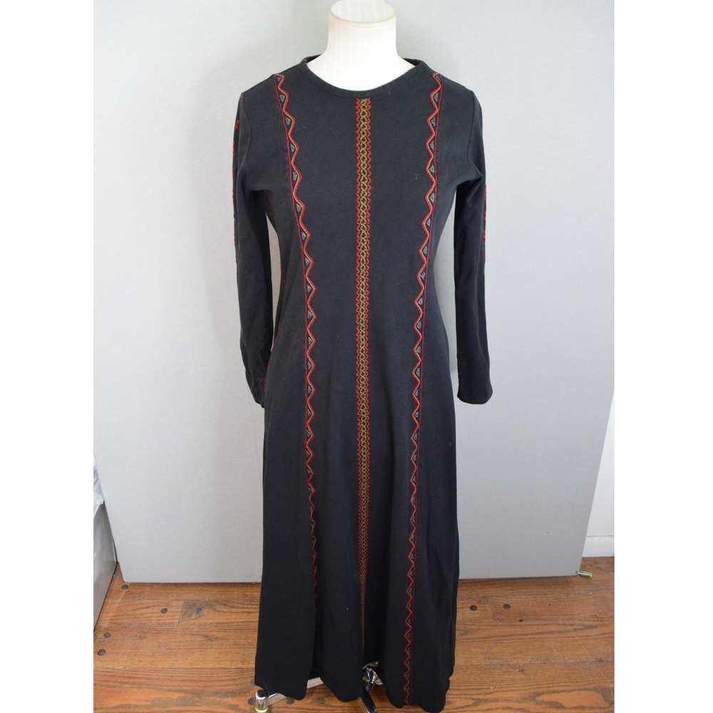 Peruvian Connection Maxi Dress S Black Embroidered Long Sleeve Knit Womens Boho
